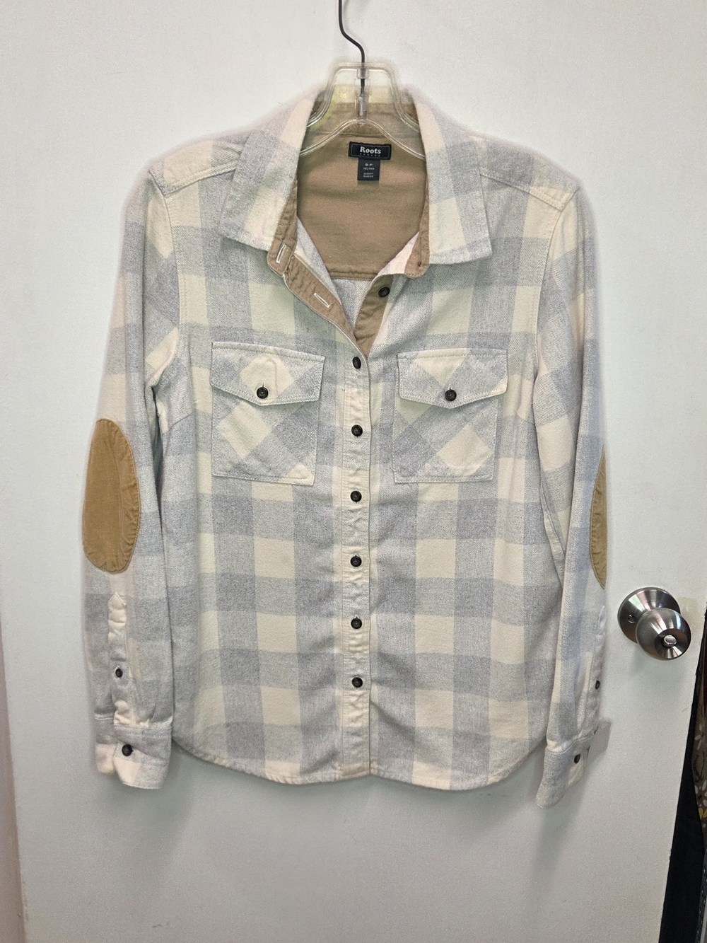 Roots Buffalo Plaid Flannel Button Down Shirt with Elbow Patches S